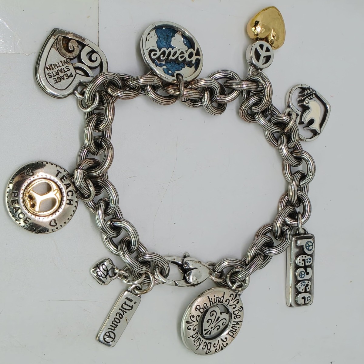Brighton I Dream Peace Charm Bracelet Retired Silver Plate Heart Dove World 8”