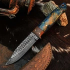 8.7" Damascus Hunting Knife Full Tang Wood Handle Fix Blade + Sheath