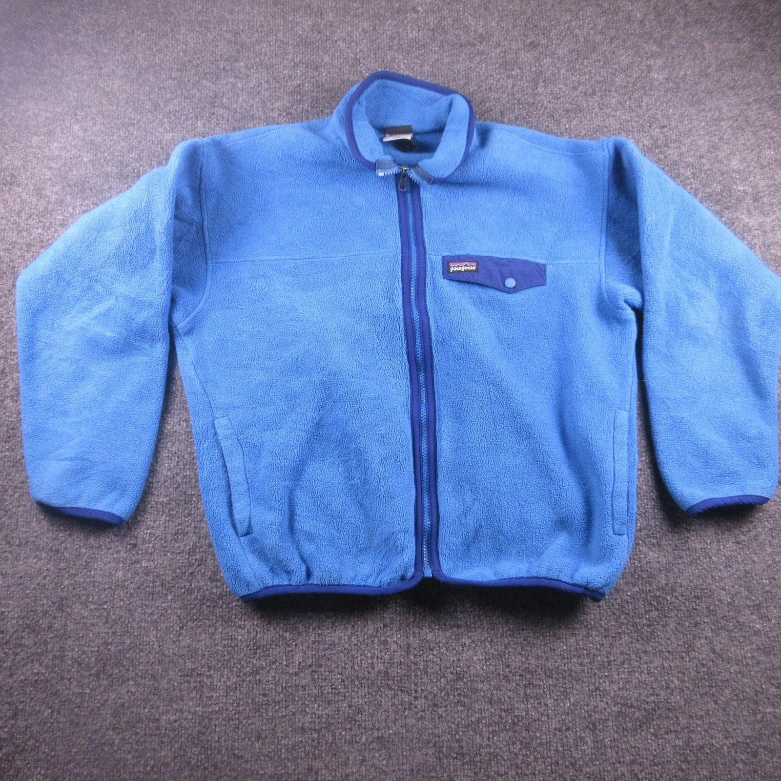 Patagonia Jacket Kids Large 12 Blue Fleece Full Zip Snap Pocket Winter Outdoor