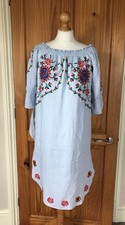 Zara Blue Linen Embroidered Summer Dress - Size M
