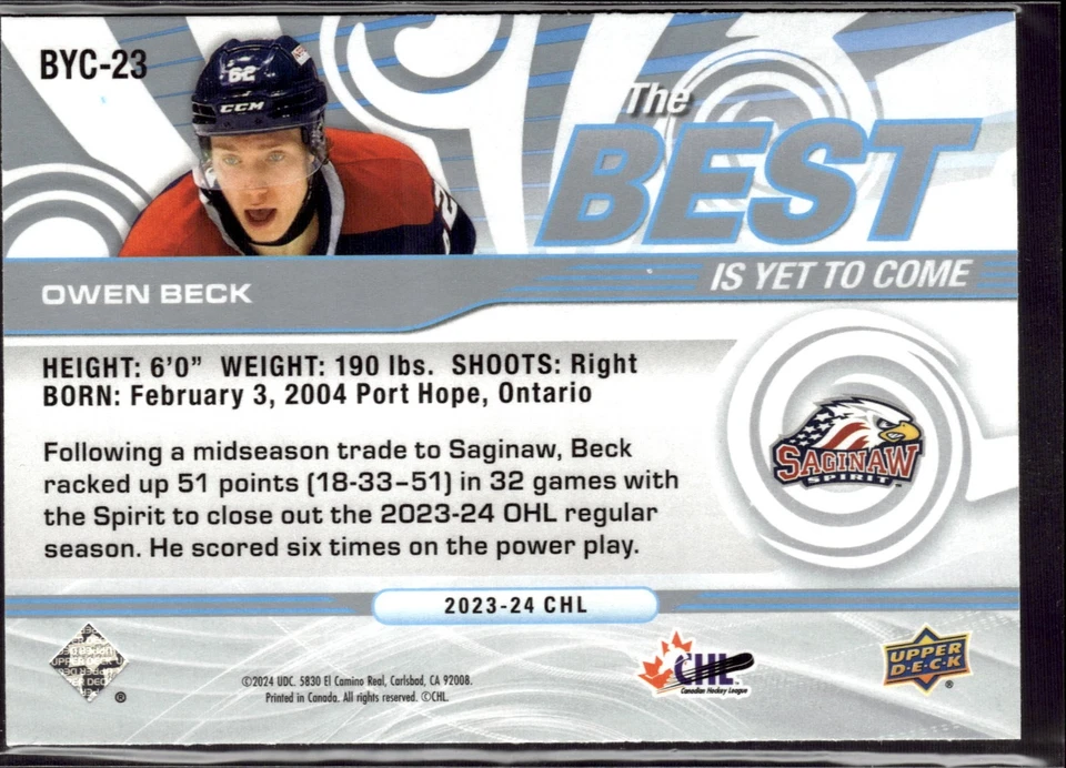 2023/24 UPPER DECK CHL THE BEST IS YET TO COME OWEN BECK SAGINAW SPIRIT BYC-23 - Image 2 of 2