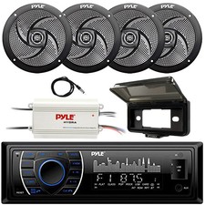 Pyle Single DIN Marine USB SD Receiver, 4x Speakers, 4-CH Amp, Antenna, Cover