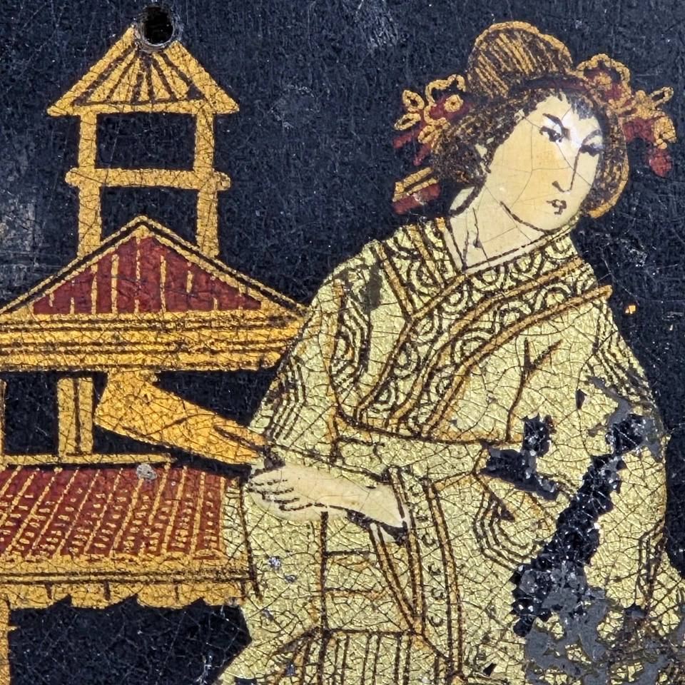 "Antiguo panel de estante plegable japonés de laca negra dorado diseño escénico 11""" Foto 2 de 4