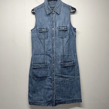 VTG 90  s Eddie Bauer Sleeveless Denim Utility Button Down Shirt Dress Sz 10