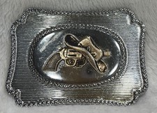 Belt Buckle Cowboy Hat and Six Shooter Silver Metal Belt