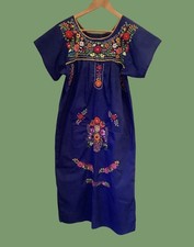 Mexican Oaxacan Embroidered Dress Blue Folk Art Festival Dress Sm