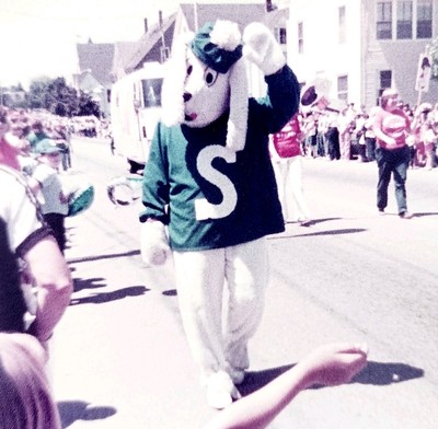 1984 Photograph Small Town Irish Themed Parade New England Dog Mascot Vtg E8B