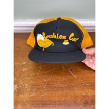 Vintage Cushion Cut Trucker Hat Mens Yellow Black Mesh Snapback Made in USA 80s