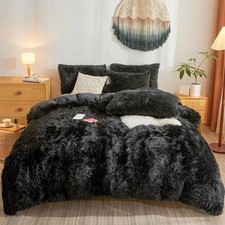 Fluffy Faux Fur Black Comforter Queen Set Plush 3-Piece Bedding Duvet Cover