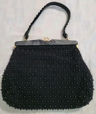 Vtg Evening Bag Purse Black Beaded Marbleized Black Trim Goldtone Closure Clasp
