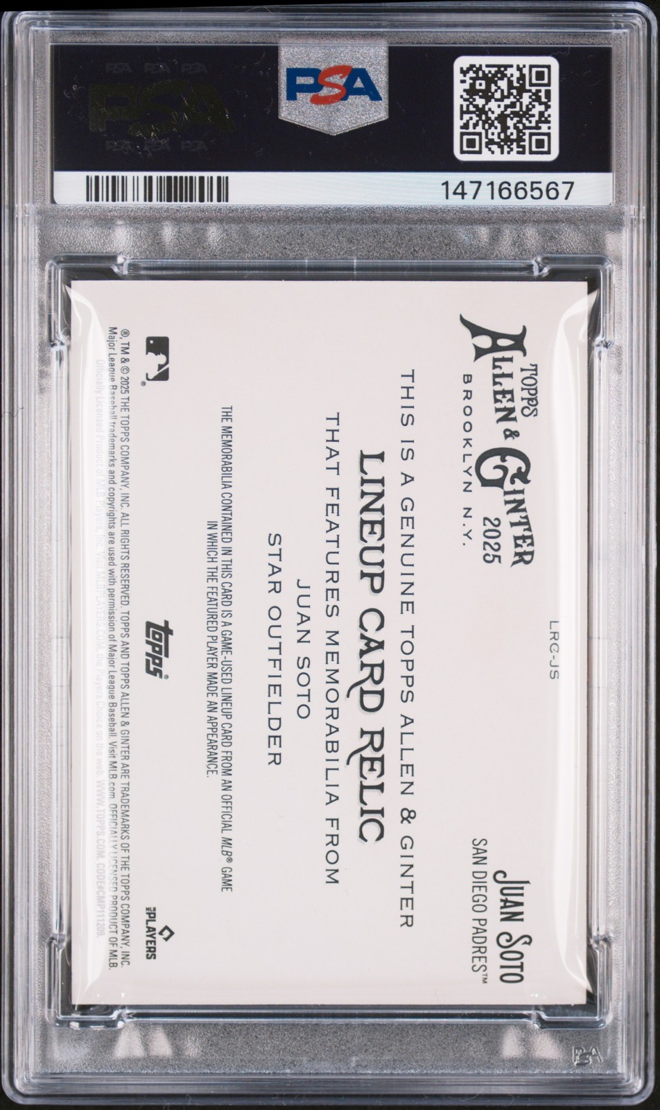 2025 TOPPS ALLEN & GINTER LINEUP CARD RELICS 1/1 #JS JUAN SOTO 1/1 PSA 9 view 2
