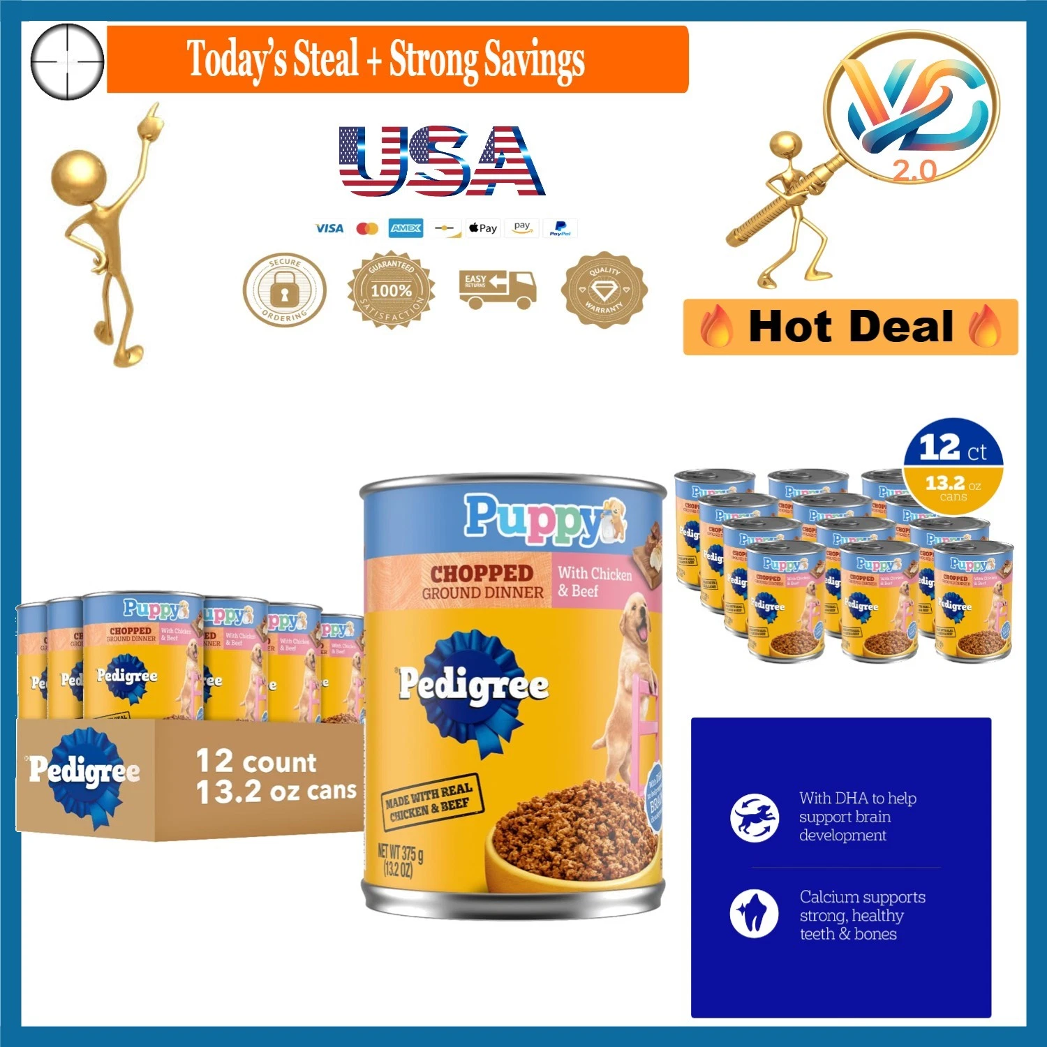 Puppy Chopped Ground Dinner Wet Dog Food Chicken & Beef 12 Pack