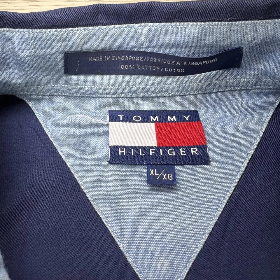 Vintage Tommy Hilfiger Shirt Mens XL Red Navy Colorblock Flag Button Down 90s - Image 2 of 4