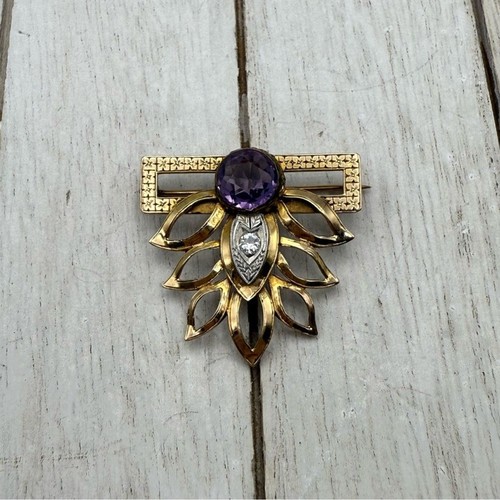 Antique 14K Gold Leaf Brooch Pin Amethyst Diamond One of a Kind