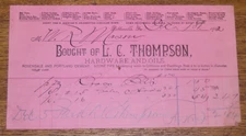 Antique 1902 Billhead Receipt - L.C. Thompson Hardware & Oils - Pottsville PA