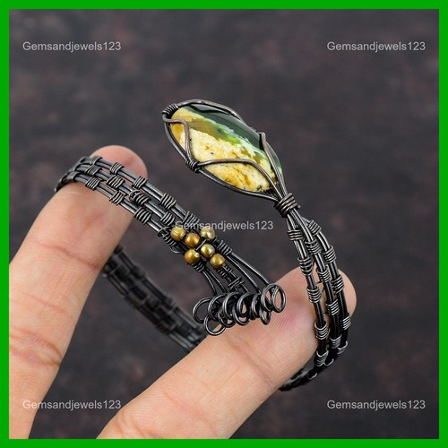 Oval Australian Chrome Chalcedony Stone Copper Wire Wrapped New Bangle Bracelet - Picture 4 of 6