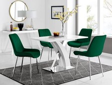 ATLANTA White High Gloss and Chrome Dining Table & 4 Velvet Faux Leather Chairs