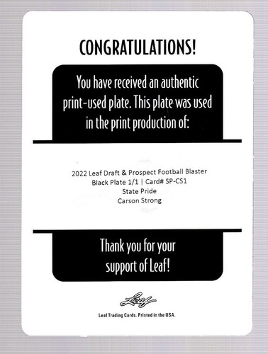 CARSON STRONG 2022 LEAF DRAFT PRINTING PLATE RC 1/1 **NEVADA WOLFPACK** - Picture 2 of 2