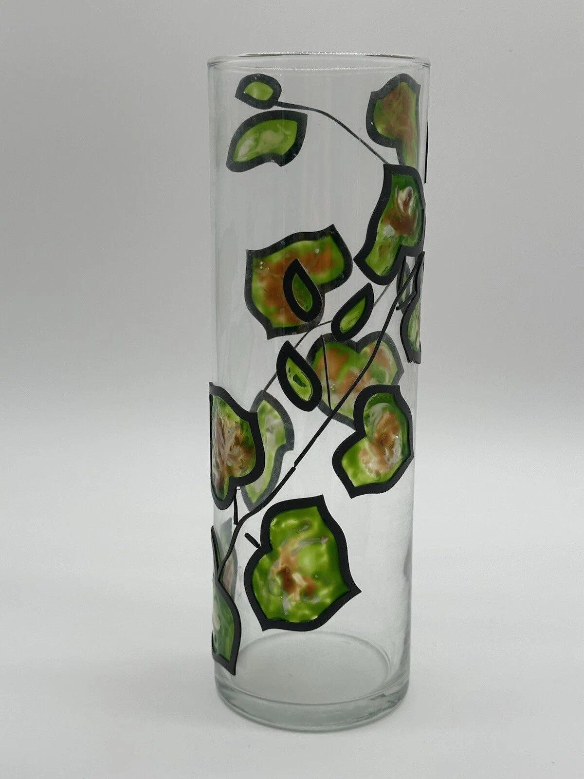 Unique Clear Cylinder Green Yellow Swirl Painted Embossed Vine Theme Vase 10.5”