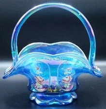 Vintage Fenton Art Glass Basket Handpainted Signed D Barbour Carnival Glass Blue
