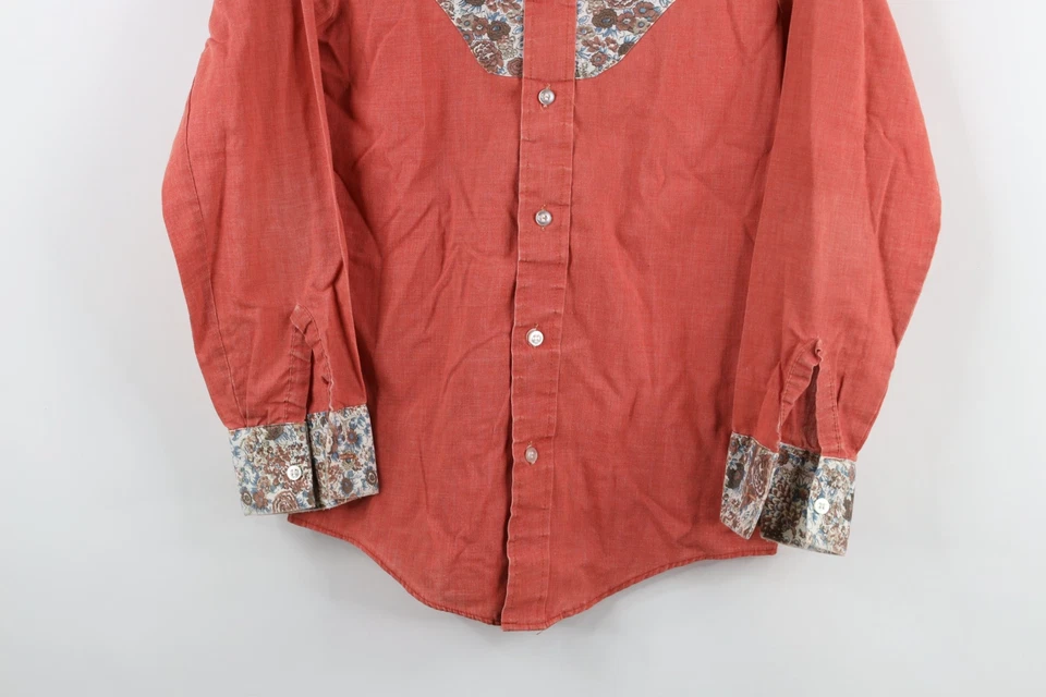 Vintage 70s Rockabilly Boys 14 Faded Chambray Western Flower Button Shirt USA - Image 3 of 4