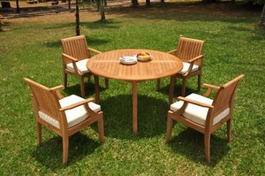 DSLG A-Grade Teak 5pc Dining Set 52" Round Table 4 Arm Chair Outdoor Patio