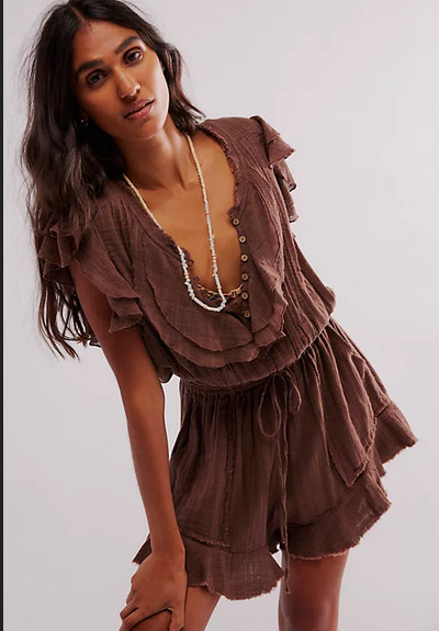 Free People FP One Naya Chocolate Romper Flutter Sleeve Drawstring Summer NWD XL