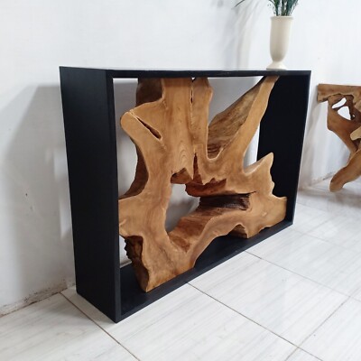 59  Console Table Natural Teak Root with Black Metal Frame