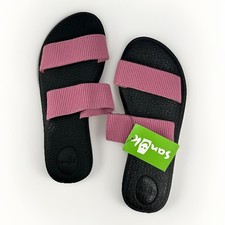 SANUK Yoga Gora Slide Sandals Sz 6 Pink Double Strap Black Yoga Mat Cushioned