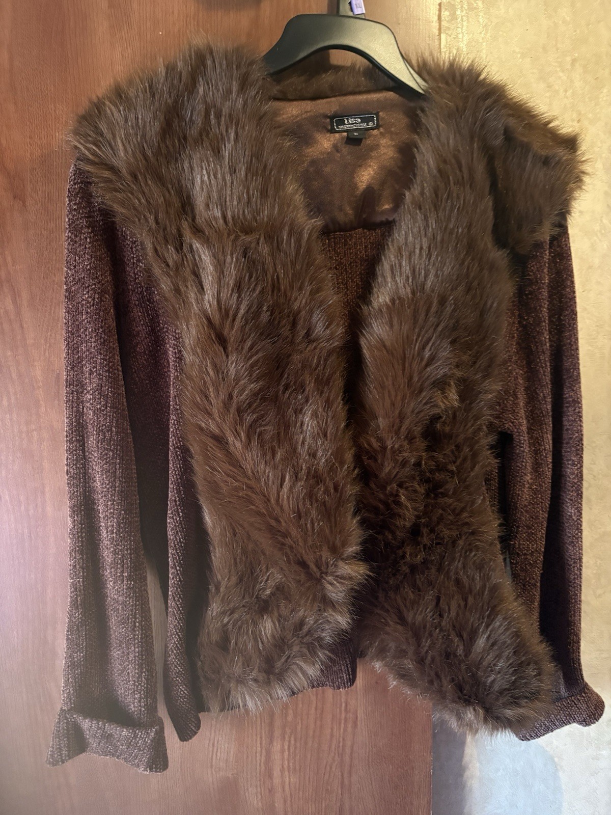 Lisa International Chenille Sweater Jacket with Faux Fur Collar(Juniors XL)