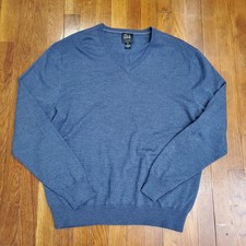 Jos A Bank Sweater Mens 2XL Blue Traveler Merino Wool V Neck Pullover Knit