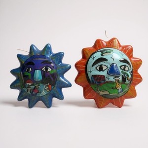 2 Mexican Folk Art Sun Face Wall Hanging 7" Terracotta Clay Pottery