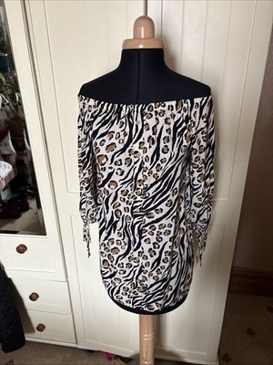 George Damen Bluse Gr. 8 Beige Animalprint 3/4 Arm Schulterfrei NEU