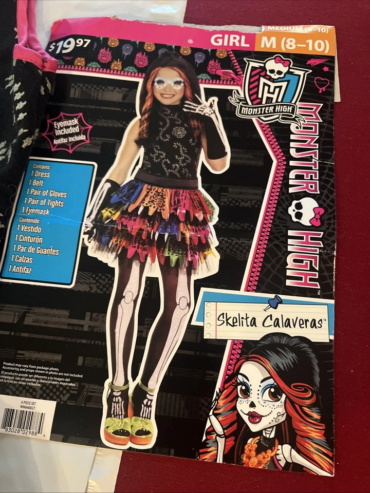 Monster High Skelita Calaveras Disfraz Niñas M 8/10, Vestido Calavera Un JUEGO DE GUANTES Foto 2 de 4