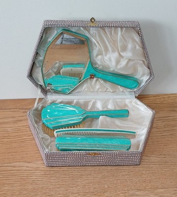 Vintage Schminktisch Waschtisch Set frühe Kunststoffbürste, Spiegel & Kamm Set im Koffer