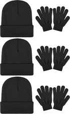 6 set Lot Beanie Gloves Black Warm Winter Cuffed Knit Beanies Thermal Hats Caps