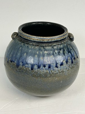 Signed Artisan Ceramic Pot Vase Jar Blue Drip Glaze Studio Art Pottery Handmade