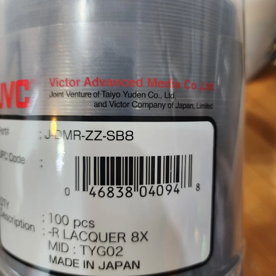 100 Pcs JVC -R White Hub Inkjet DVD-R 8X J-DMR-ZZ-SB8 ~ TYG02 ~ Made In Japan - Image 2 of 4