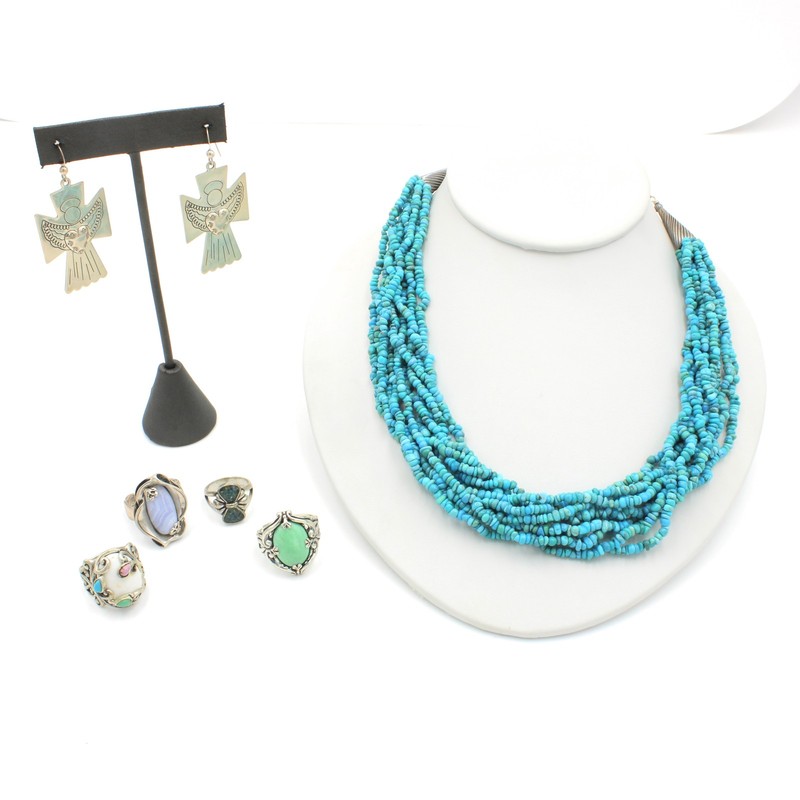 Carolyn Pollack Sterling Turquoise Necklace Earrings Agate Rings Lot 6 #S5535-4