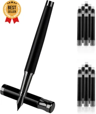 Luxury Metal Pen Set, Fine Nib Fountain Pen, Converter, 10 Black Ink Cartridges