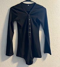 Women's Black Long Sleeve Button Front Stretch Bodysuit Size S Regular