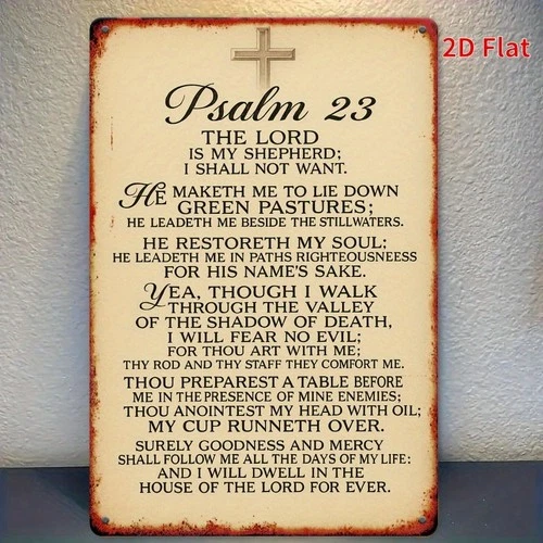 Vintage Psalm 23 Wall Art Tin Metal Signs Home Décor 8x12 Iron Cross Design with