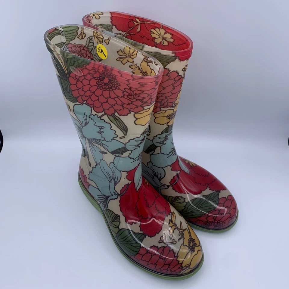 NOVO Sloggers Feminino Tamanho 7 Botas de Chuva de Borracha Floral Vermelho Azul Flor Poder Jardinagem - Imagem 2 de 4