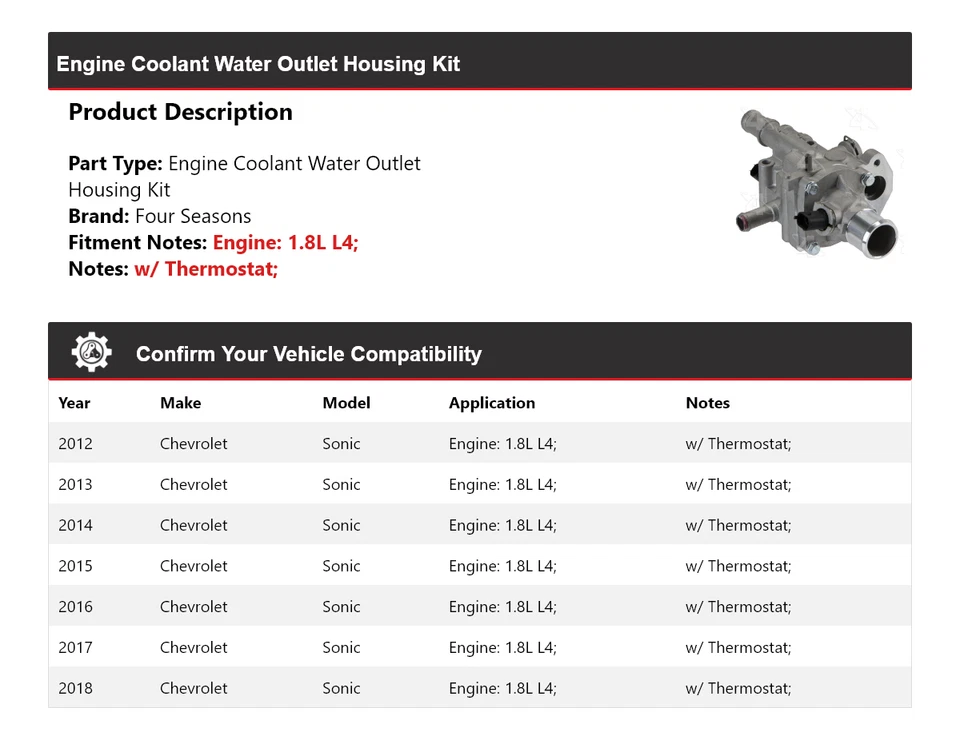 Kit de carcasa de salida de agua de refrigerante de motor sónico Chevrolet 2012-2018 4 estaciones Foto 2 de 4