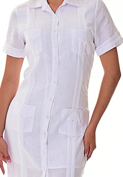 Azucar Ladies 100% Soft Linen Traditional (4) Pocket Guayabera Blouse in (5) Colors- LLGB3006 White / Small