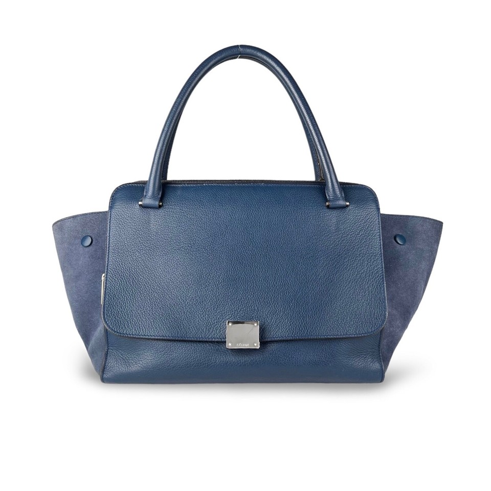 Celine Blue Drummed Calfskin & Suede Double Zip Silver Hardware Trapeze Bag