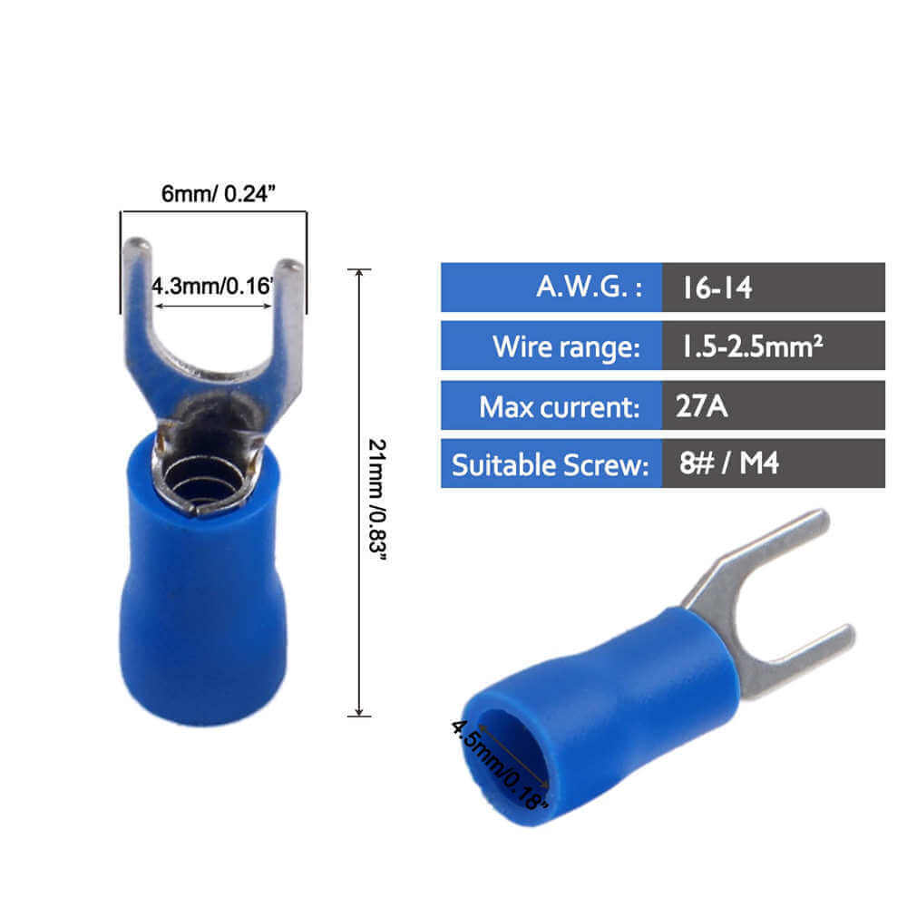 100PCS Insulated Fork Spade Terminals - 14-16 AWG Wire Crimp Connectors For Car Audio & Marine