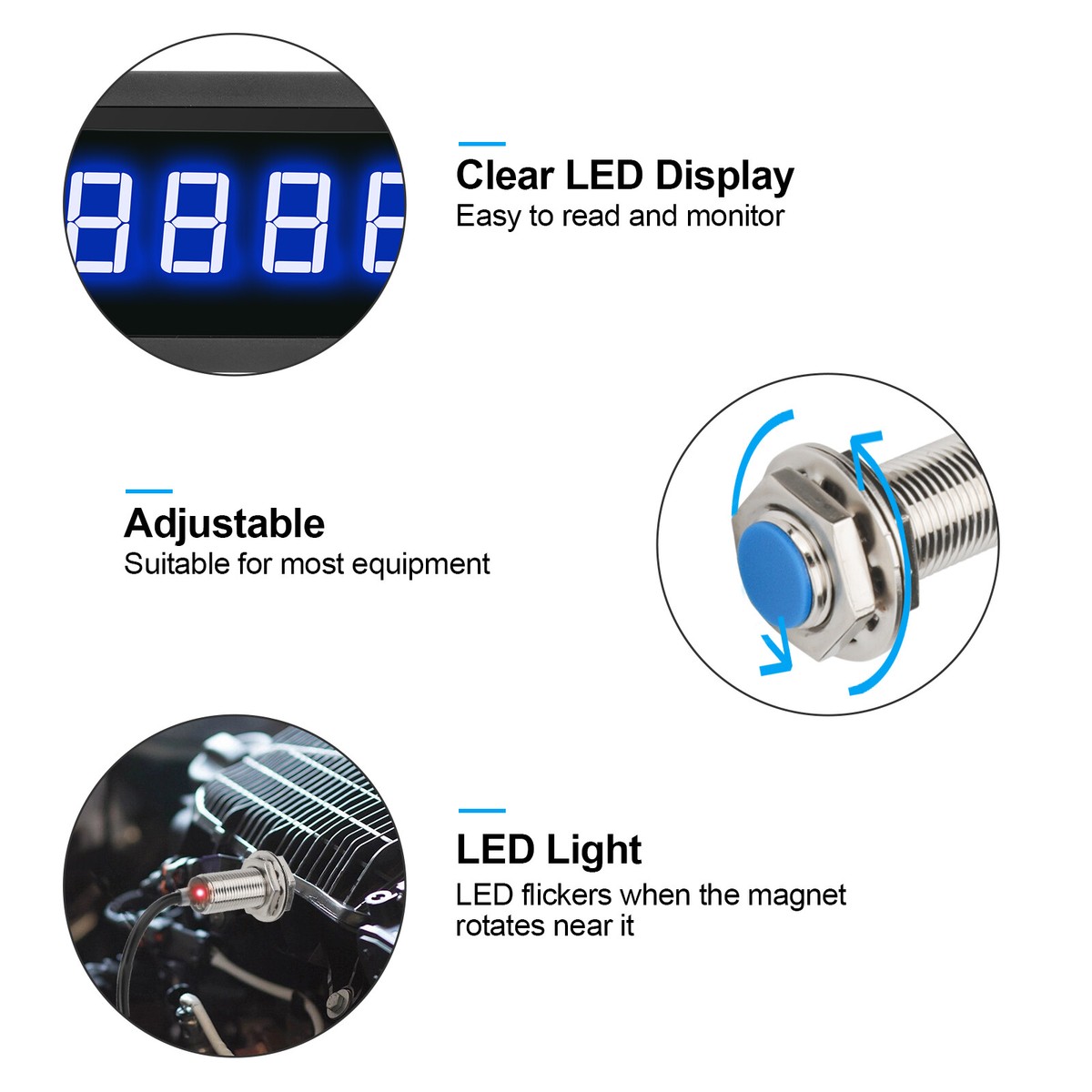12V RPM Tachometer With Hall Sensor LED Display RPM Tachometer With ...