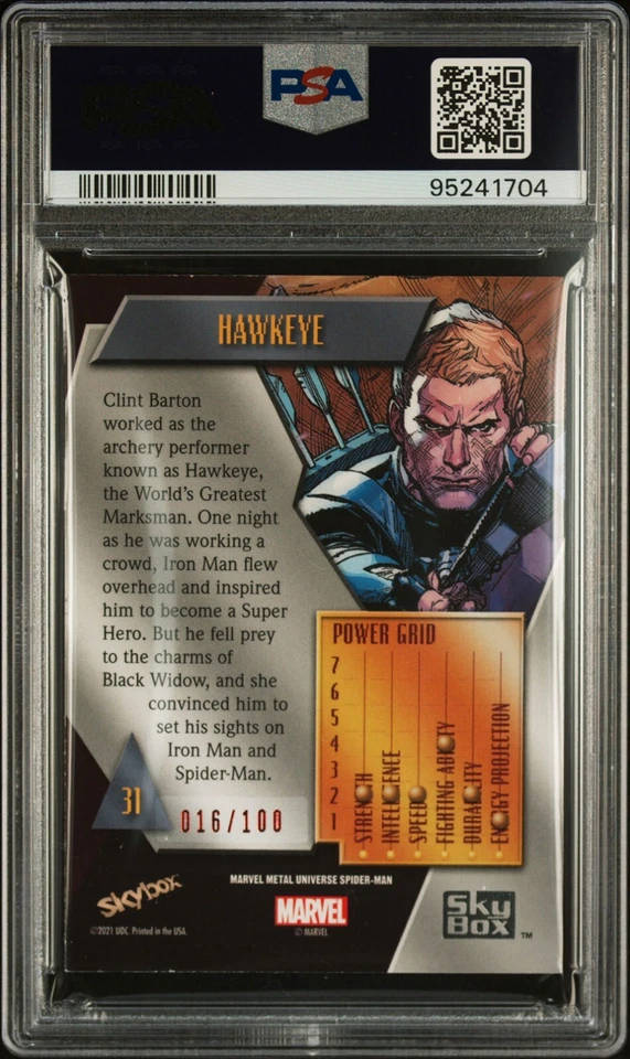 HAWKEYE PSA 8 2022 Skybox Marvel Metal Universe Spider-Man PMG Red #31 16/100 - Image 2 of 2