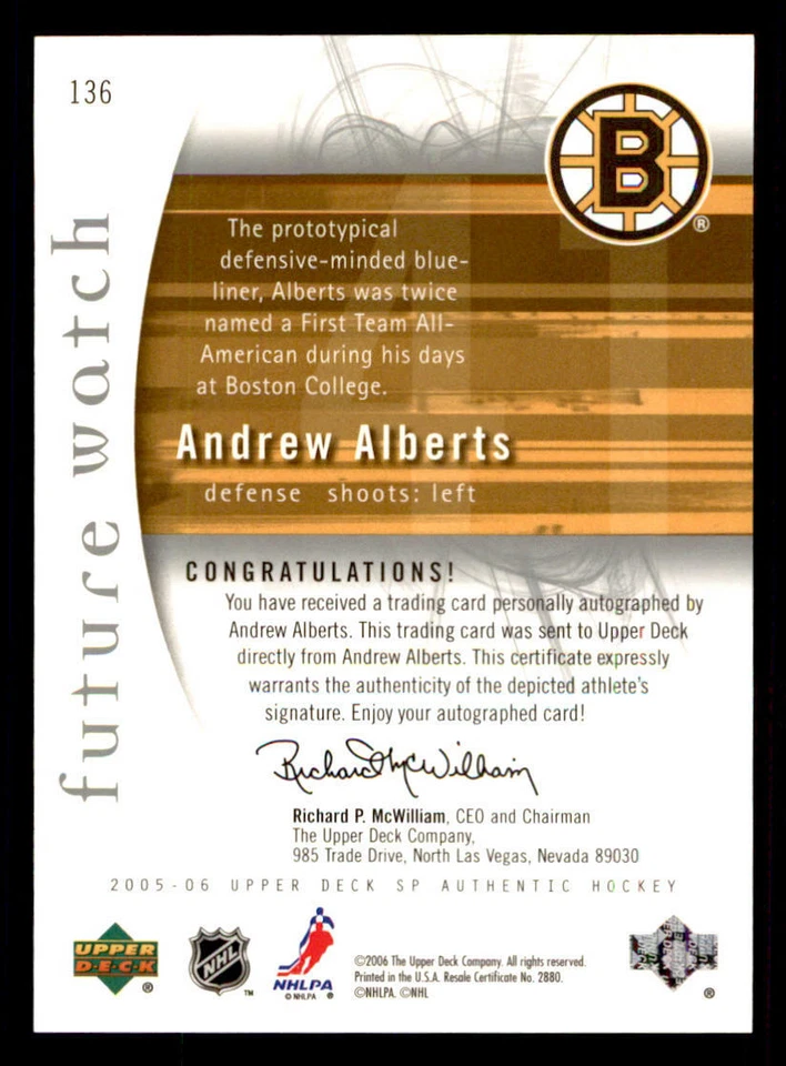 2005-06 SP Authentic #136 Andrew Alberts AU RC /999 (ref 240373) - Image 2 of 2